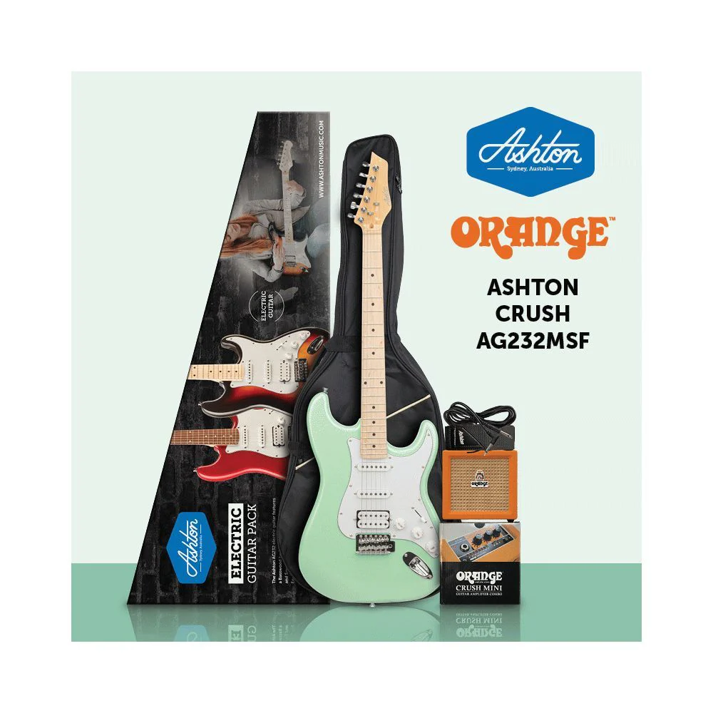 Ashton AG232MSF Electric Guitar Pack (Metallic Seafoam Green) w/ Orange Crush Mini