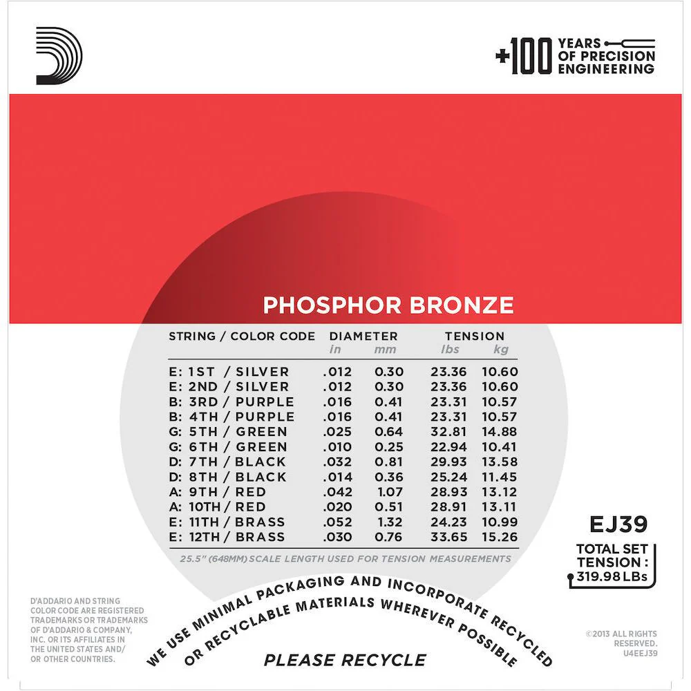 DAddario EJ39 12String Phosphor Bronze Acoustic Guitar Strings Medium 1252